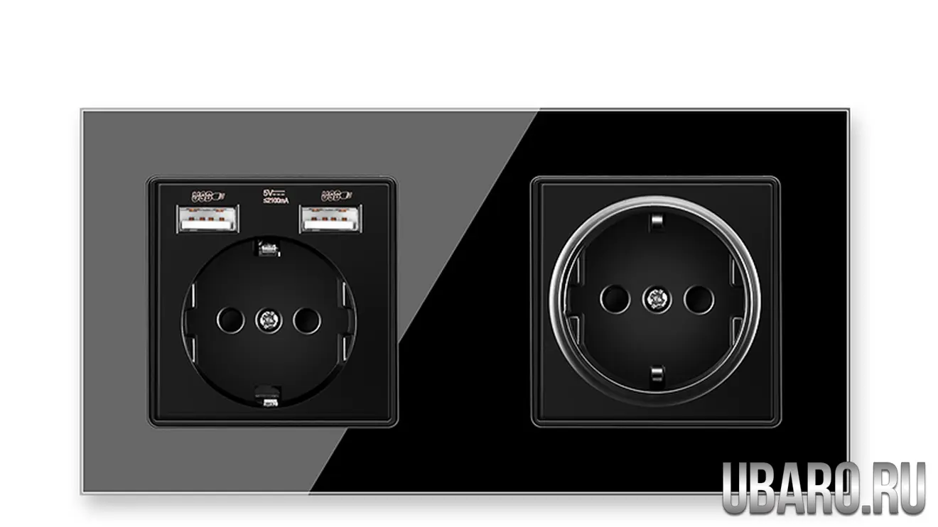 Розетка двойная черная цельная с USB разъемом DS-172-U1-B1 (53)